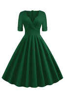 Laden Sie das Bild in den Galerie-Viewer, Grüner V-Ausschnitt Kurzarm 1950er Jahre Swing Kleid