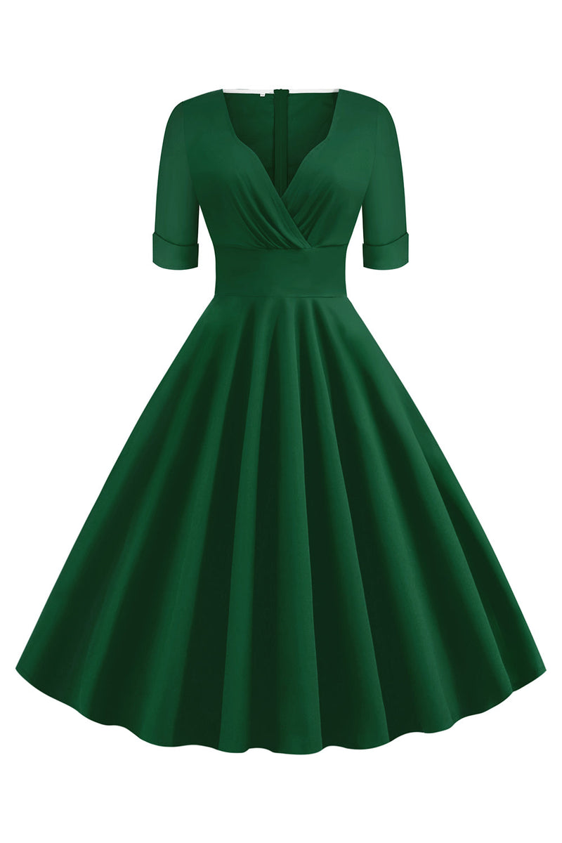 Laden Sie das Bild in den Galerie-Viewer, Grüner V-Ausschnitt Kurzarm 1950er Jahre Swing Kleid