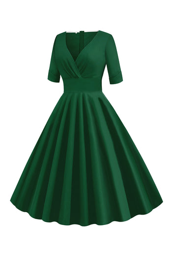 Grüner V-Ausschnitt Kurzarm 1950er Jahre Swing Kleid