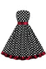 Laden Sie das Bild in den Galerie-Viewer, Schwarzes trägerloses weißes Polka Dots Kleid aus den 1950er Jahren mit Rüschen