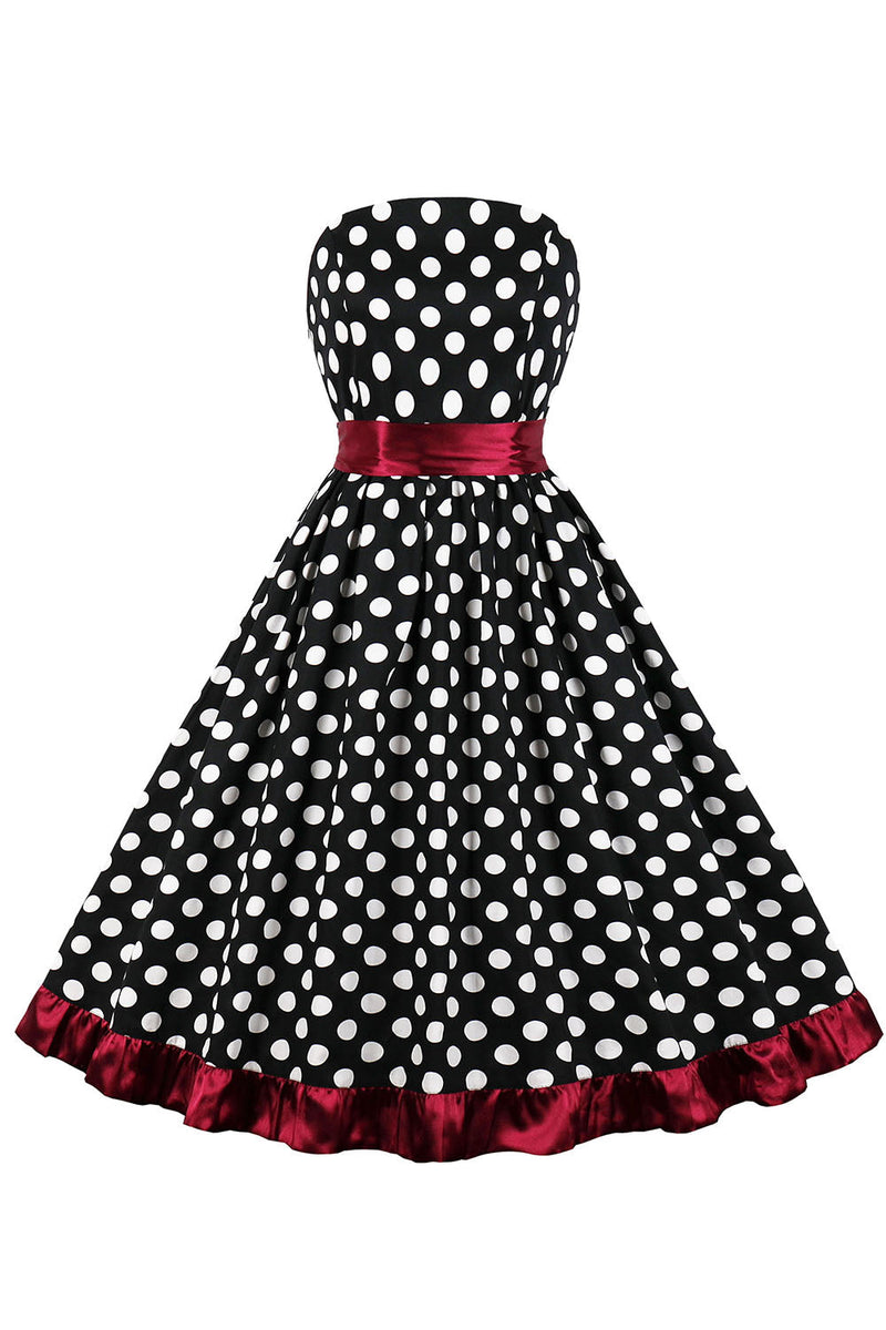 Laden Sie das Bild in den Galerie-Viewer, Schwarzes trägerloses weißes Polka Dots Kleid aus den 1950er Jahren mit Rüschen
