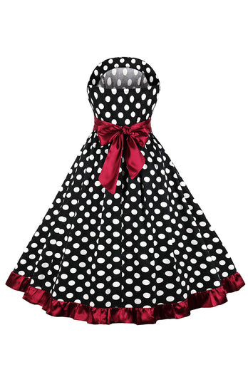 Schwarzes trägerloses weißes Polka Dots Kleid aus den 1950er Jahren mit Rüschen