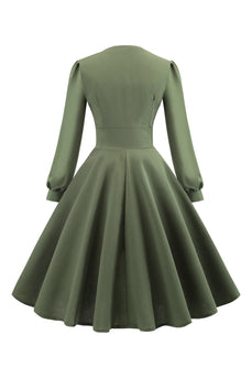 Grüner V-Ausschnitt Langarm Vintage Swing Kleid