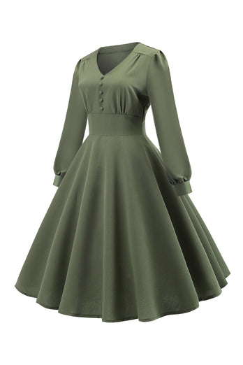 Grüner V-Ausschnitt Langarm Vintage Swing Kleid