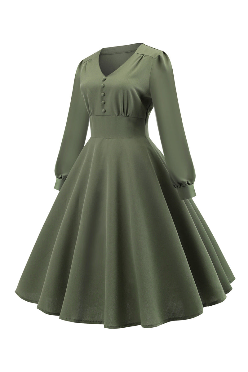Laden Sie das Bild in den Galerie-Viewer, Grüner V-Ausschnitt Langarm Vintage Swing Kleid