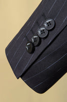 Laden Sie das Bild in den Galerie-Viewer, Schwarz gestreiftes zweireihiges Revers 3-teiliger Herrenanzug