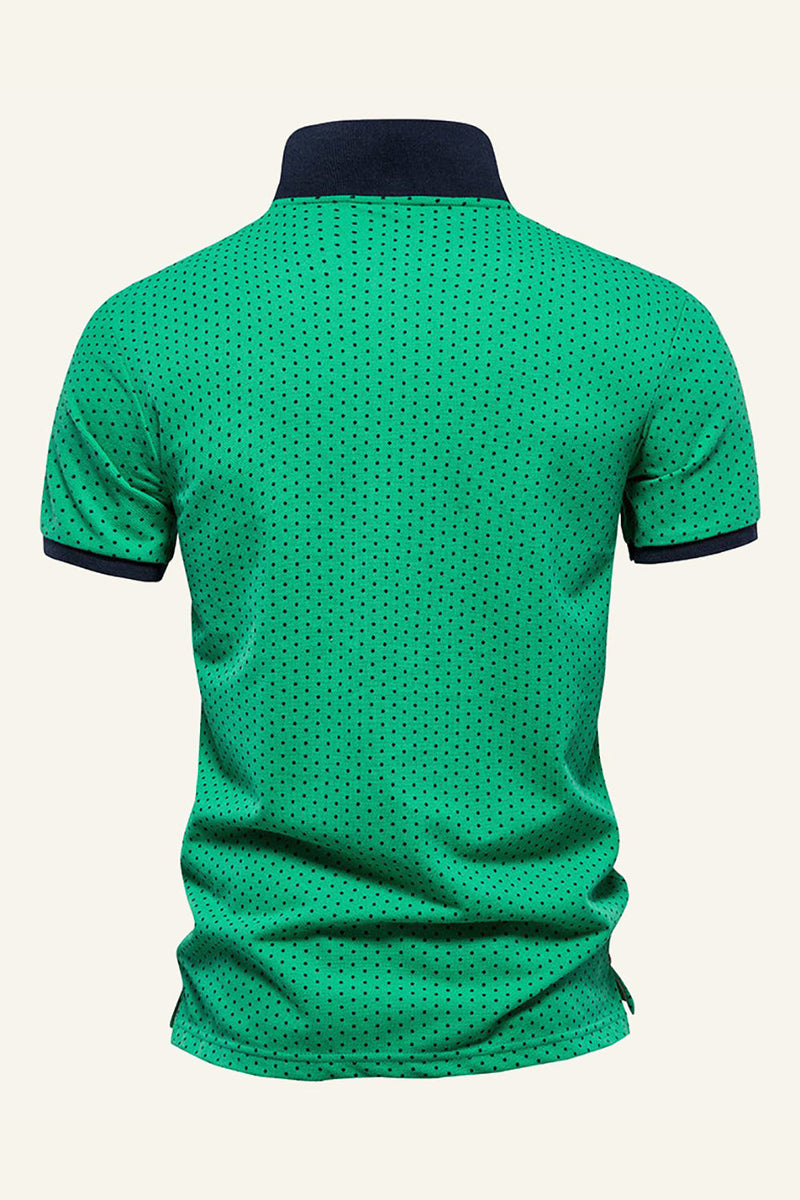 Laden Sie das Bild in den Galerie-Viewer, Klassisches grünes Normale Passform Polka Dots Herren Poloshirt mit Kragen