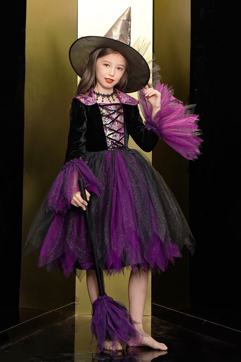 Laden Sie das Bild in den Galerie-Viewer, Glitzerndes schwarzes und lila Tüll Halloween Mädchenkleid