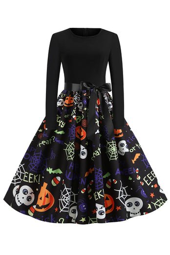Halloween Drucken Langarm Vintage Kleid