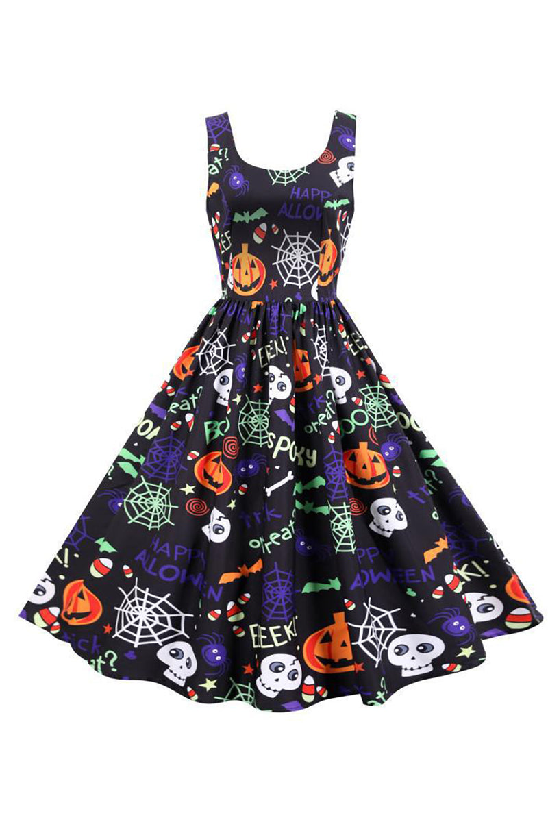 Laden Sie das Bild in den Galerie-Viewer, Ärmelloses bedrucktes Halloween Retro Kleid mit taillierter Taille