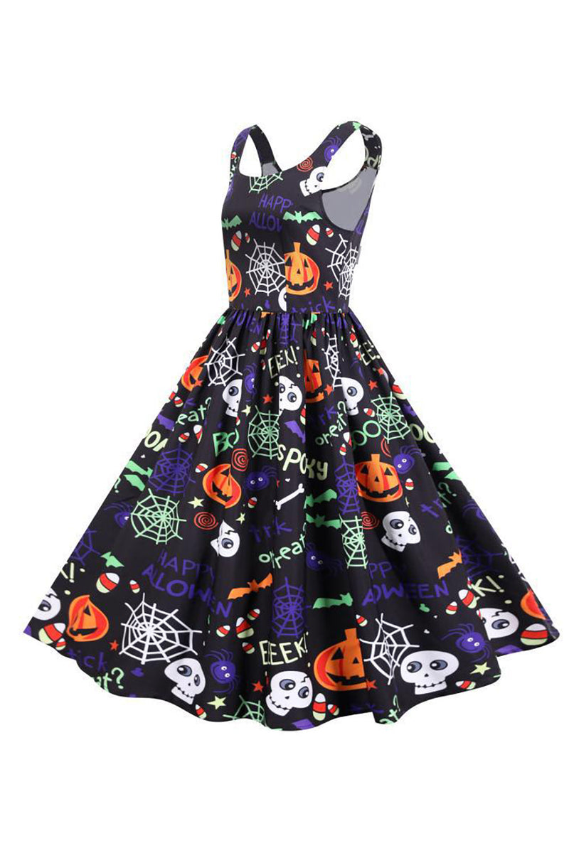 Laden Sie das Bild in den Galerie-Viewer, Ärmelloses bedrucktes Halloween Retro Kleid mit taillierter Taille