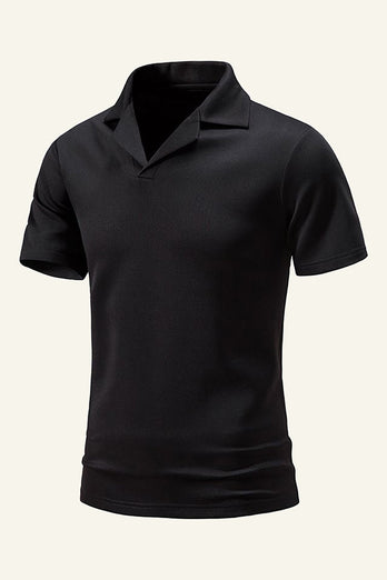 Schlanke Passform V-Ausschnitt Kurzarm Schwarzes Poloshirt