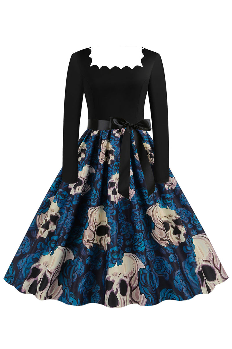 Laden Sie das Bild in den Galerie-Viewer, Halloween Blau Drucken Langarm Vintage Kleid