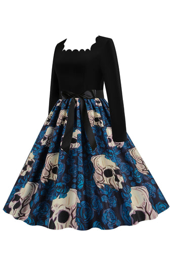 Halloween Blau Drucken Langarm Vintage Kleid