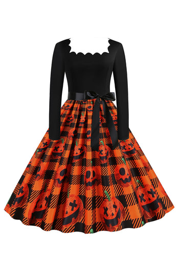 Halloween Retro Kleid mit orangefarbenem Drucken und langen Ärmeln