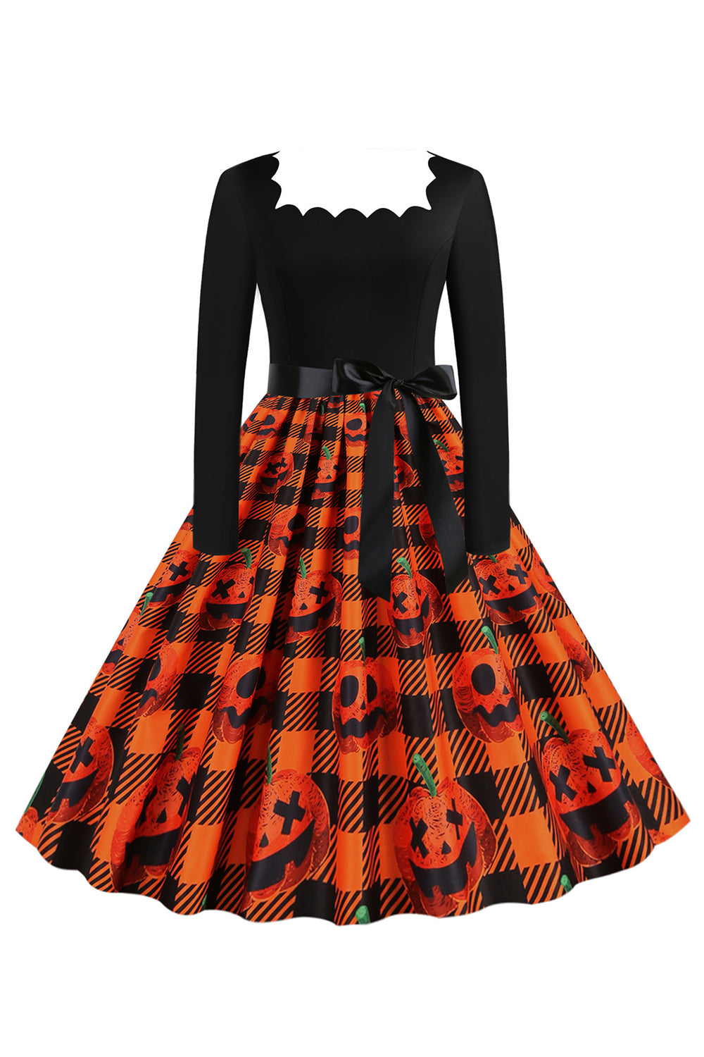 Halloween Retro Kleid mit orangefarbenem Drucken und langen Ärmeln