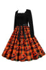 Laden Sie das Bild in den Galerie-Viewer, Halloween Retro Kleid mit orangefarbenem Drucken und langen Ärmeln