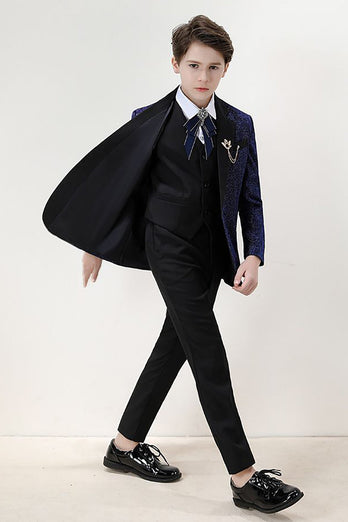 Glitzerndes marineblaues Schlanke Passform 3-teiliges formelles Anzug-Set für Jungen