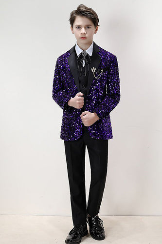 Glitzerndes lila Pailletten 3-teiliges formelles Anzug-Set für Jungen
