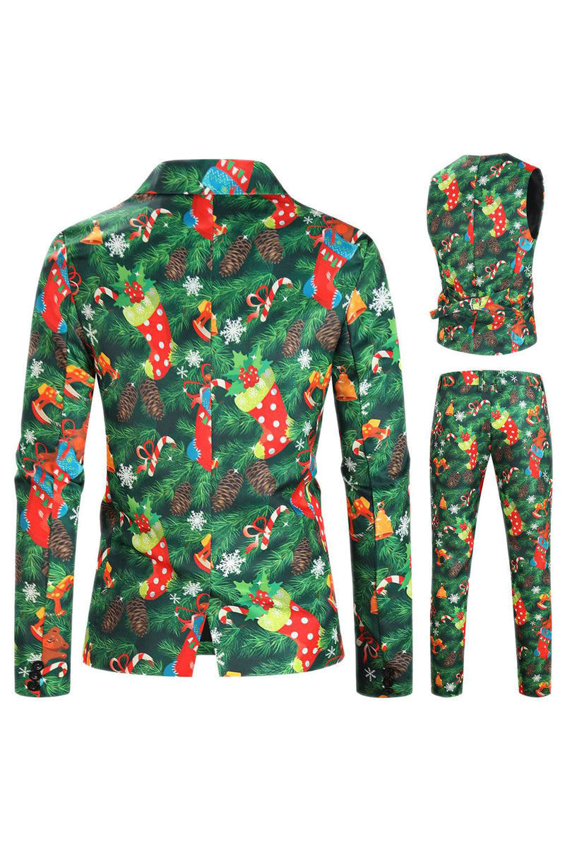 Laden Sie das Bild in den Galerie-Viewer, Grün bedruckte 3-teilige gekerbte Revers-Weihnachtsanzüge für Herren