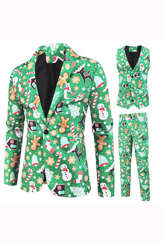 Grün gekerbte Revers bedruckte 3-teilige Weihnachtsanzüge für Männer