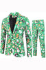 Laden Sie das Bild in den Galerie-Viewer, Grün gekerbte Revers bedruckte 3-teilige Weihnachtsanzüge für Männer