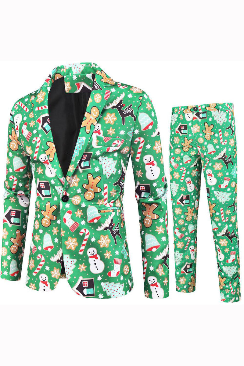 Laden Sie das Bild in den Galerie-Viewer, Grün gekerbte Revers bedruckte 3-teilige Weihnachtsanzüge für Männer