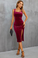 Laden Sie das Bild in den Galerie-Viewer, Samt Schwarzes Cocktail party Kleid mit Schlitz