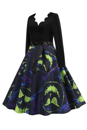 V Ausschnitt Schwarz Halloween Drucken Vintage Kleid