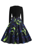 Laden Sie das Bild in den Galerie-Viewer, V Ausschnitt Schwarz Halloween Drucken Vintage Kleid