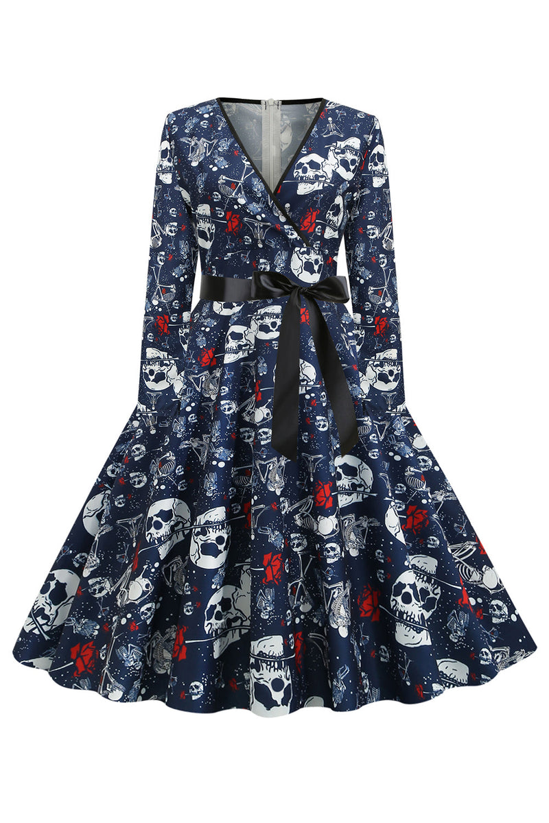 Laden Sie das Bild in den Galerie-Viewer, V Ausschnitt Totenkopf bedruckt Marine Halloween Kleid