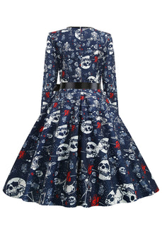 V Ausschnitt Totenkopf bedruckt Marine Halloween Kleid