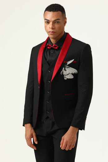 3 Stück schwarzer roter Schal Revers Herren Abschlussball Anzüge