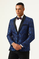 Laden Sie das Bild in den Galerie-Viewer, Ein Knopf Blau Shawl Revers Jacquard Herren Ball Blazer