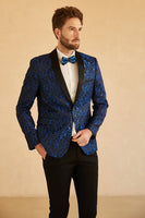Laden Sie das Bild in den Galerie-Viewer, Blauer Schal Revers Jacquard Ein Knopf Herren Abschlussball Blazer