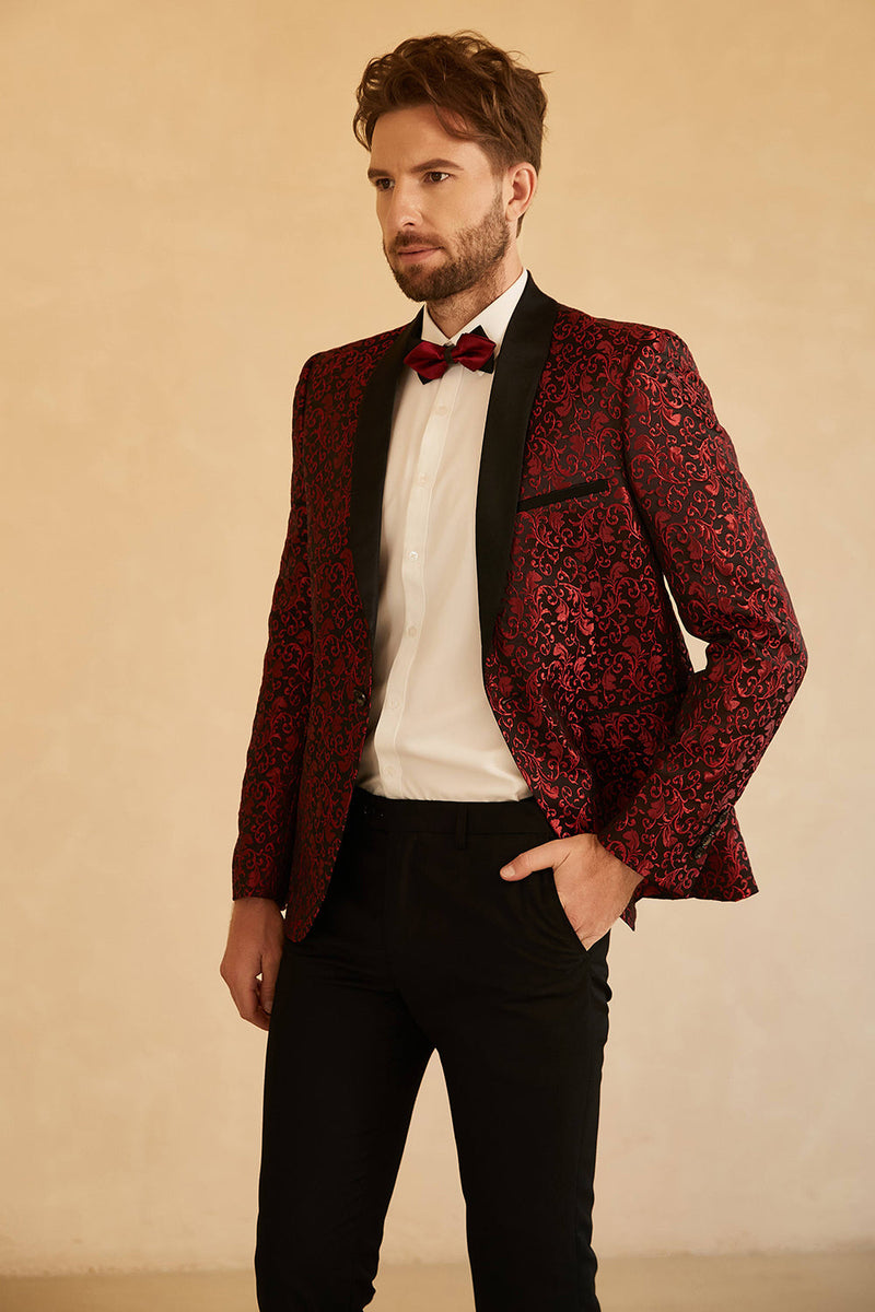 Laden Sie das Bild in den Galerie-Viewer, Roter Schal Revers Jacquard Ein Knopf Herren Ballblazer