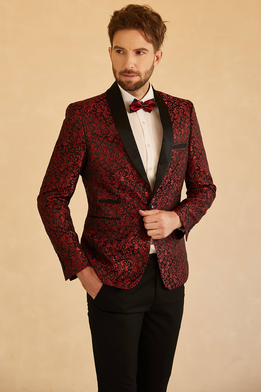 Roter Schal Revers Jacquard Ein Knopf Herren Ballblazer