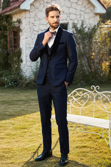 Schal Revers Ein Knopf Marine Hochzeitsanzüge für Männer