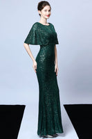 Laden Sie das Bild in den Galerie-Viewer, Meerjungfrau V Ausschnitt Dunkelgrüne Pailletten Langes Ballkleid mit kurzen Ärmeln