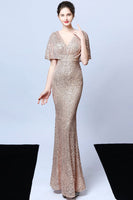 Laden Sie das Bild in den Galerie-Viewer, Meerjungfrau V Ausschnitt Dunkelgrüne Pailletten Langes Ballkleid mit kurzen Ärmeln