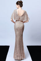 Laden Sie das Bild in den Galerie-Viewer, Meerjungfrau V Ausschnitt Dunkelgrüne Pailletten Langes Ballkleid mit kurzen Ärmeln