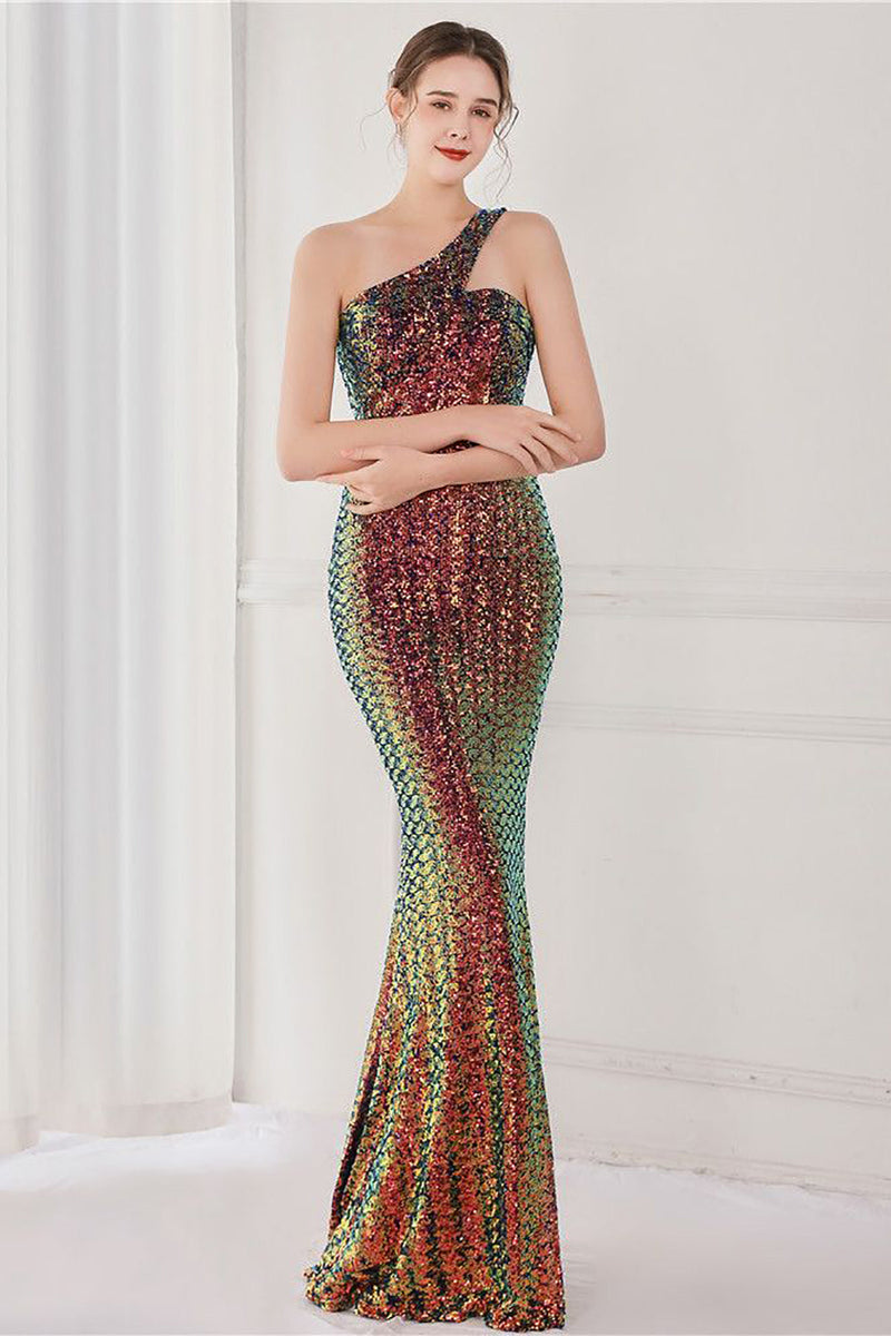 Laden Sie das Bild in den Galerie-Viewer, Buntes Ein-Schulter Pailletten Meerjungfrau Abendkleid