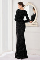 Laden Sie das Bild in den Galerie-Viewer, Burgunder Pailletten Langärmel Abendkleid mit Schlitz