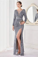 Laden Sie das Bild in den Galerie-Viewer, Burgunder Pailletten Langärmel Abendkleid mit Schlitz