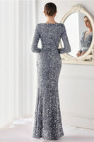 Laden Sie das Bild in den Galerie-Viewer, Burgunder Pailletten Langärmel Abendkleid mit Schlitz