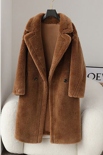 Braun gekerbtes Revers Langer Mantel aus Teddywolle