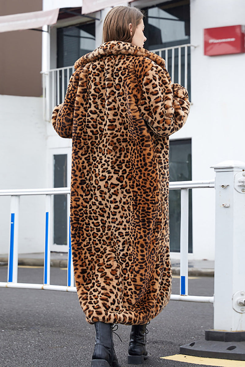 Laden Sie das Bild in den Galerie-Viewer, Brauner Leopard gekerbtes Revers Kunstfell Pelz Shearling Mantel