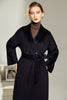 Laden Sie das Bild in den Galerie-Viewer, Schwarze Wolle Doppelreihreihals Reversausschnitt Langer Mantel mit Gürtel