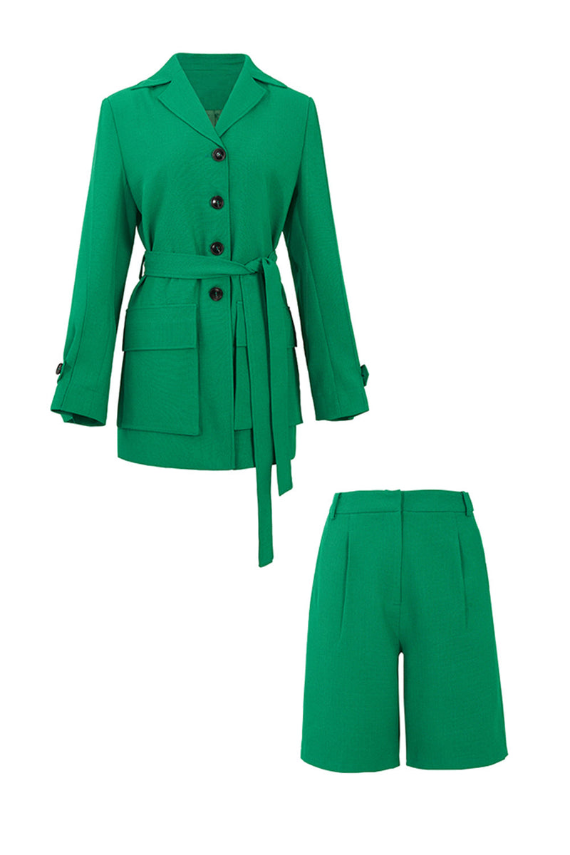 Laden Sie das Bild in den Galerie-Viewer, Grün mit Gürtel taillierte Damen Shorts und Blazer Anzug Set