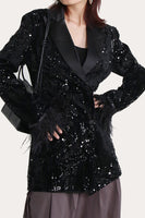 Laden Sie das Bild in den Galerie-Viewer, Glitzer Schwarze Pailletten Damen Abschlussball Blazer mit Federn